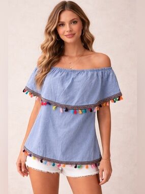 Speed Limit Off Shoulder Top M Blue Boho Tassel Trim Peasant Festival Blouse